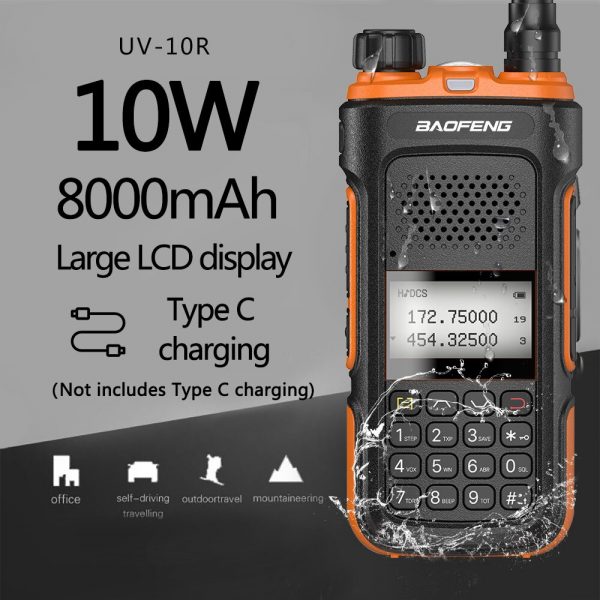 Baofeng UV-10R Waterproof Walkie Talkie 10W High Power Ham Radios Dual Band Radios Transmitter Type C Charging Two Way Radio