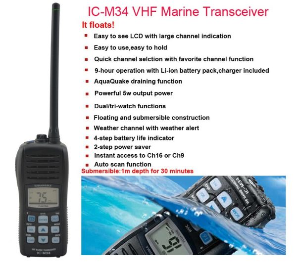 ICOM IC-M34 5W 88 Channel VHF Marine Transceiver Portable Two-way Radio Walkie Talkie with Floating Waterproof & Submersible Function