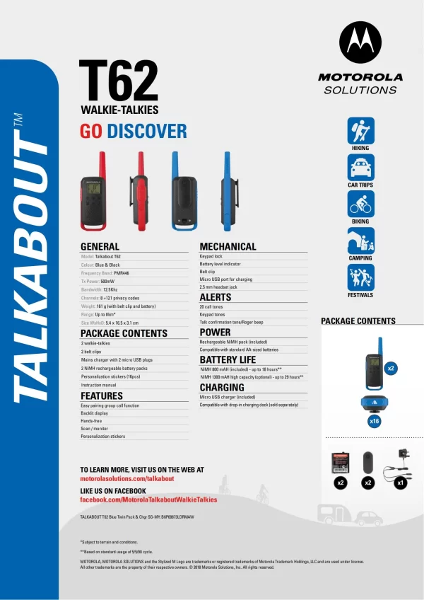 Motorola T62 Go Walkie Talkie 16 Channels up to 8 km Range No Call charges Outdoor Adventures Travel Radio - Image 3