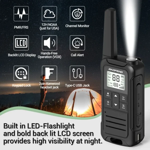 2pcs/lot Baofeng F22 PMR FRS Mini Walkie Talkie Waterproof Type-C Licence-free NOAA Portable Two Way Ham Radio for Hunting - Image 2