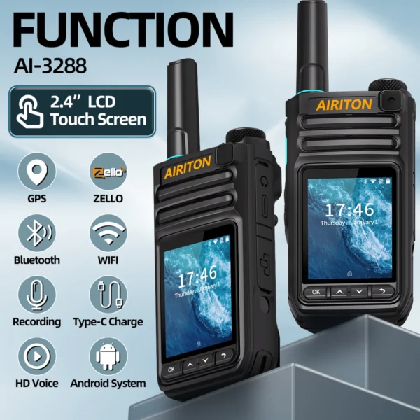 AIRITON AI-3288 ZELLO Walkie Talkie 2.4”Touch Screen GPS WIFI 2G 3G 4G Bluetooth Unlimited distance Recording Global POC Radio - Image 2