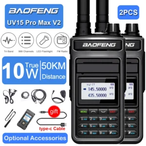 2pcs Baofeng UV-15 Pro Max V2 10W High Power Walkie Talkie Long Range 999CH UHF VHF Dual Band CB FM Radio Two Way Radio