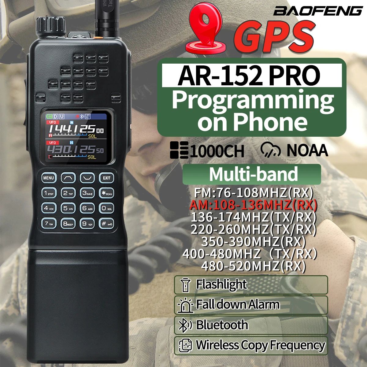 Baofeng AR-152 PRO GPS 10W Walkie Talkie Long Range 12000mAh Bluetooth Phone Programming Multi Band 1000CH Tri-power Ham Radio